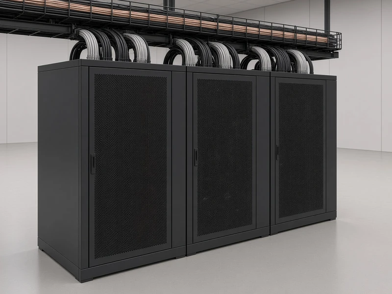 A short row of black GPU server racks fed by neat cabling from an overhead tray