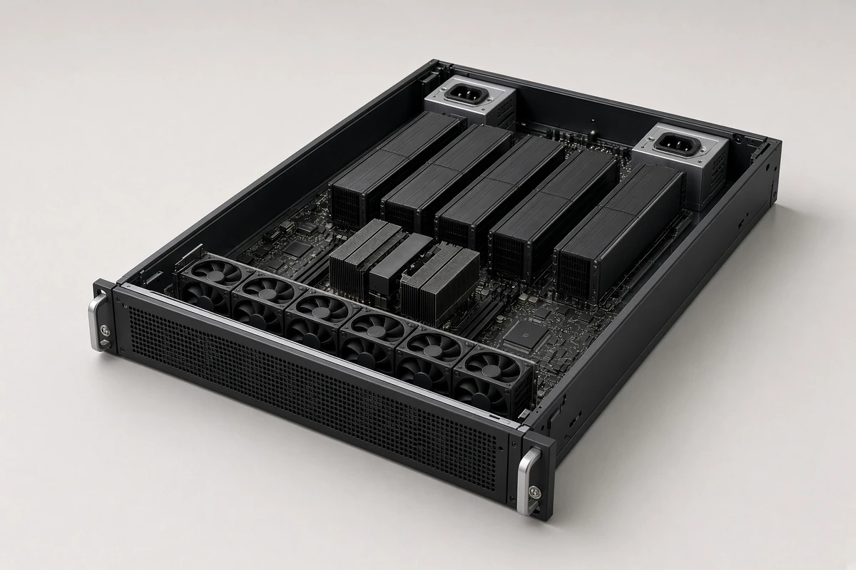 An unbranded multi GPU server, lid removed