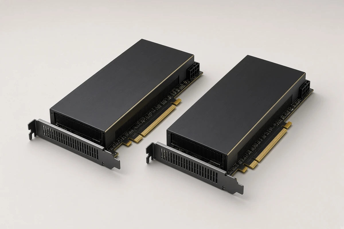 Two unbranded data centre GPU cards on a plain surface