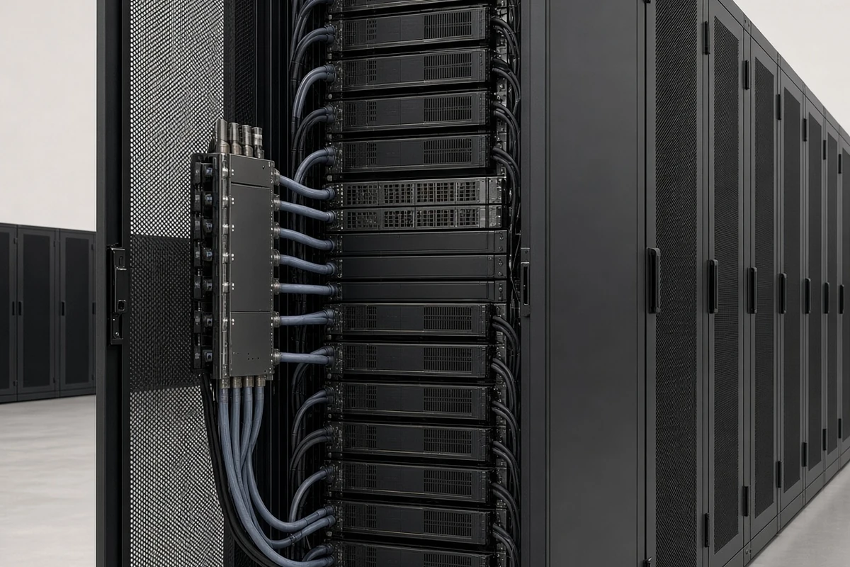 An integrated GPU rack with its front door open