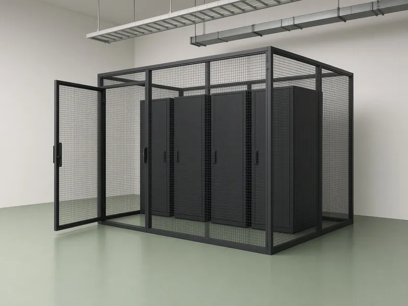 An empty colocation cage of black steel mesh with its door open, around four closed black server racks