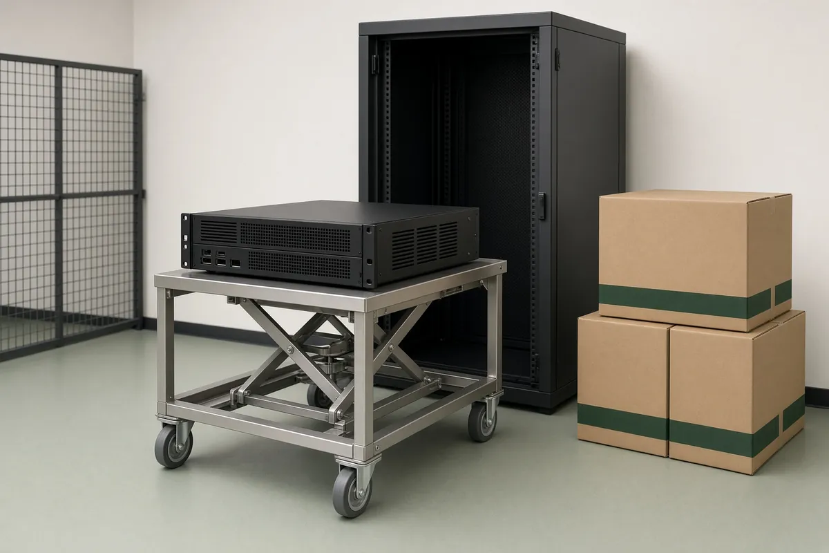 A black rack server on a steel lift trolley beside an empty rack, with sealed boxes ready for installation