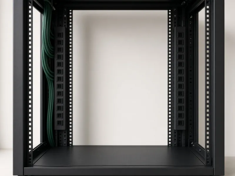 An empty open frame rack with vertical power strips and neatly dressed green power cables, ready for installation
