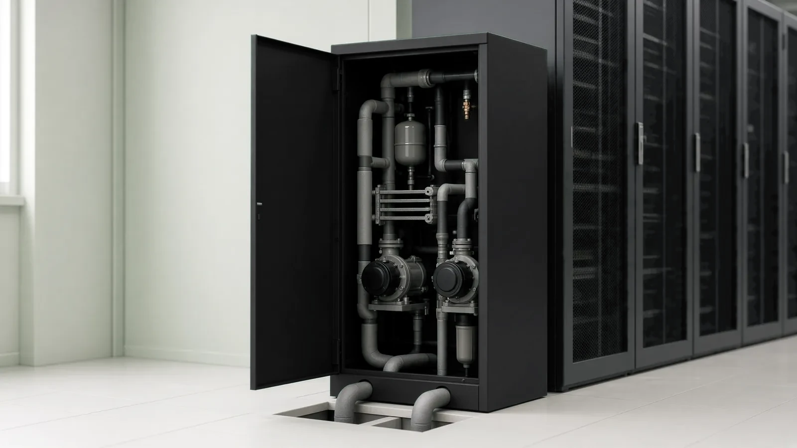 A coolant distribution unit with its door open, showing pumps, valves and a heat exchanger beside a server rack