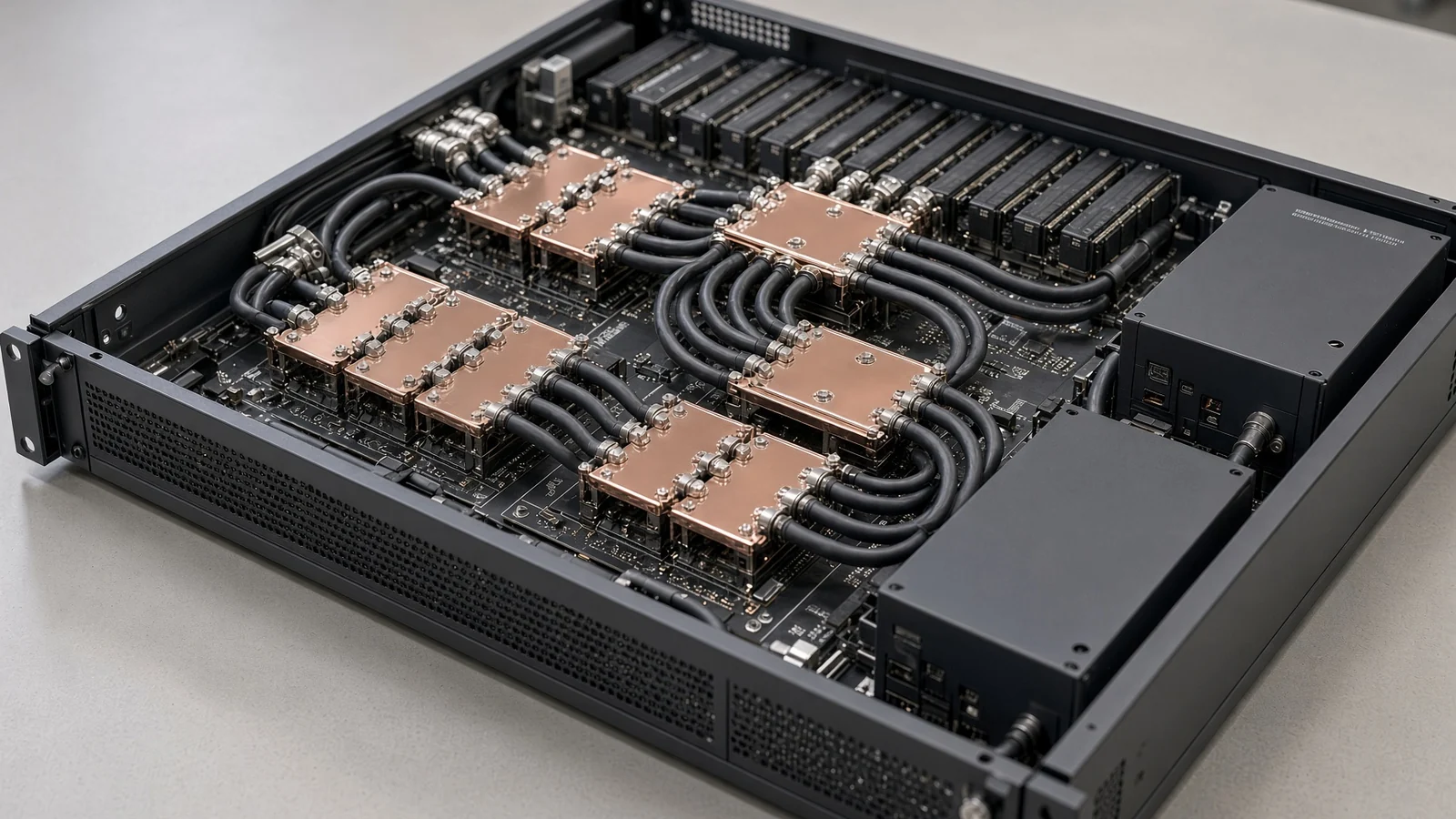 An open GPU server fitted with copper cold plates and black coolant tubing with quick disconnect couplings