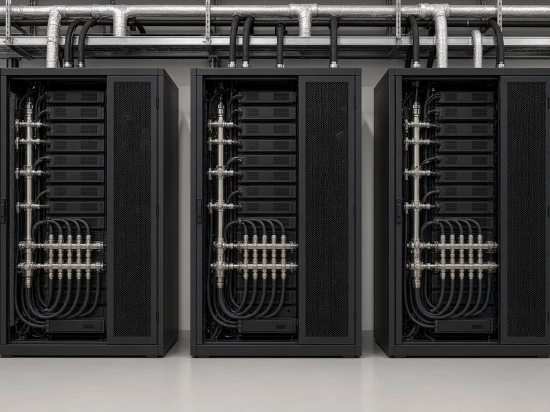 The back of a row of black server racks with coolant manifolds, paired hoses and overhead cooling pipework