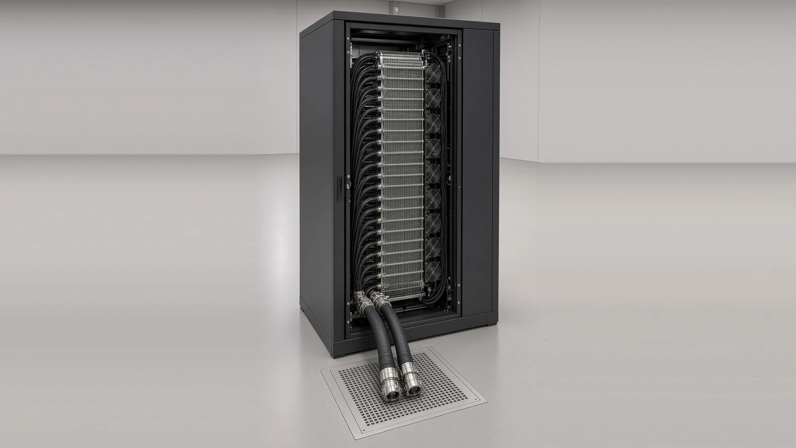 The back of a server rack fitted with a rear door heat exchanger, its finned coil and coolant hoses visible
