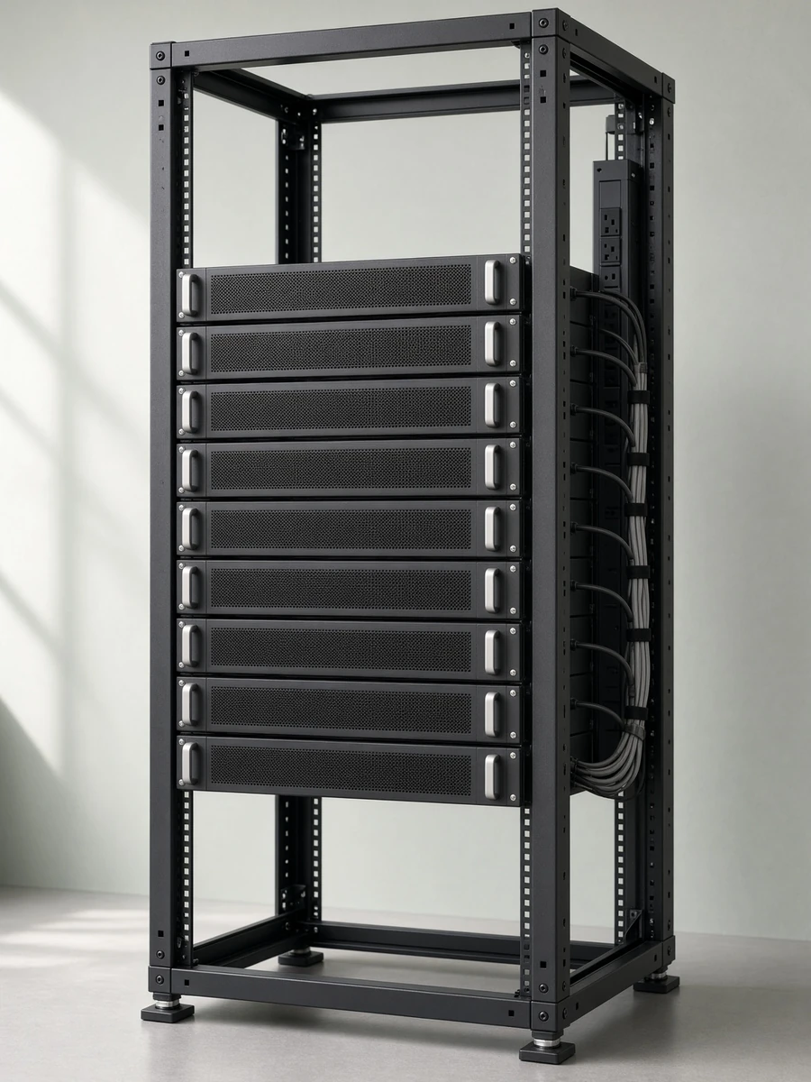 An unbranded open frame server rack holding stacked 2U servers, with neatly dressed cables, in a bright, quiet room
