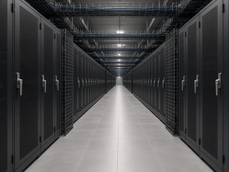A colocation data hall aisle lined with lockable black cabinets with mesh doors
