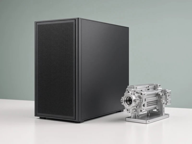 A tower workstation on a desk beside a precision machined metal part