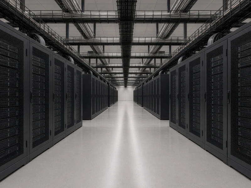 A cold aisle between two rows of black server cabinets with perforated doors